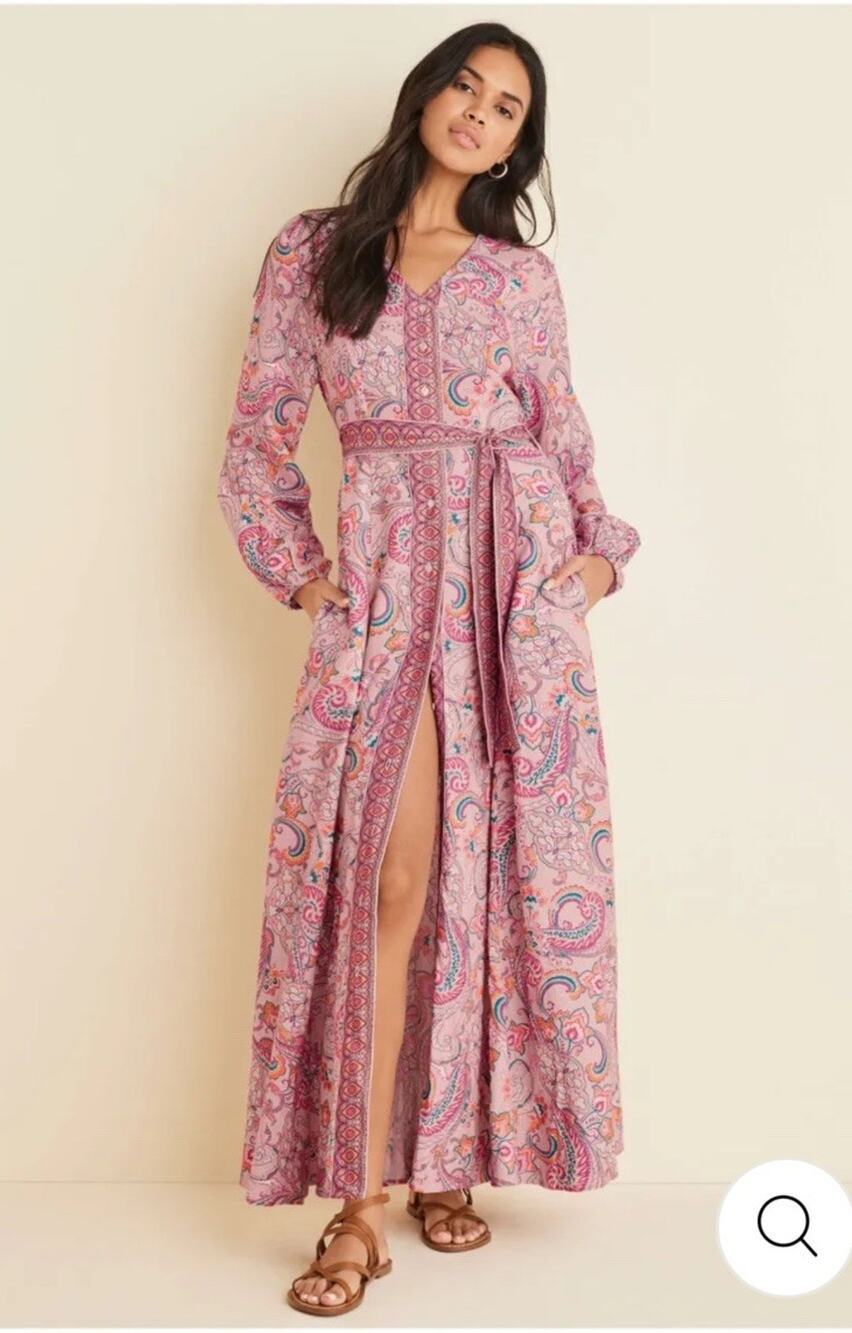 Venus Boho Paisley Maxi Dress Size 8 Pink Cottagecore Linen Blend Summer Resort